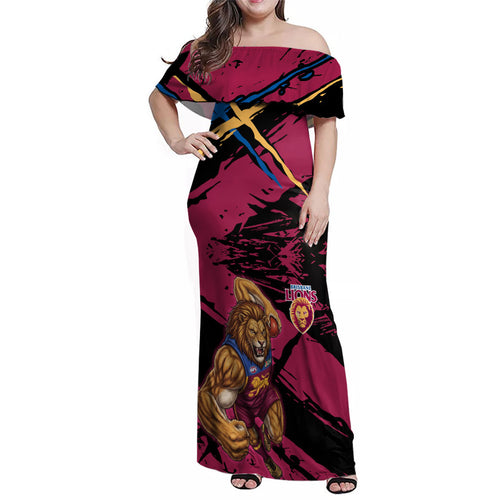 Brisbane Lions Family Matching Off Shoulder Maxi Dress and Hawaiian Shirt Lions Muscular Mascot Graphic - Abstract Paint Splatter Art