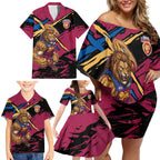 Brisbane Lions Family Matching Off Shoulder Short Dress and Hawaiian Shirt Lions Muscular Mascot Graphic - Abstract Paint Splatter Art
