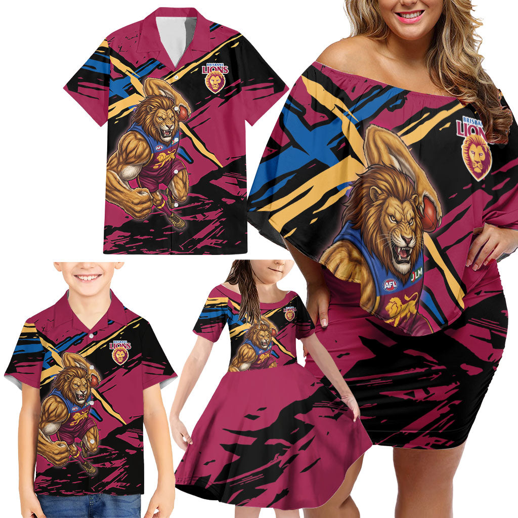 Brisbane Lions Family Matching Off Shoulder Short Dress and Hawaiian Shirt Lions Muscular Mascot Graphic - Abstract Paint Splatter Art