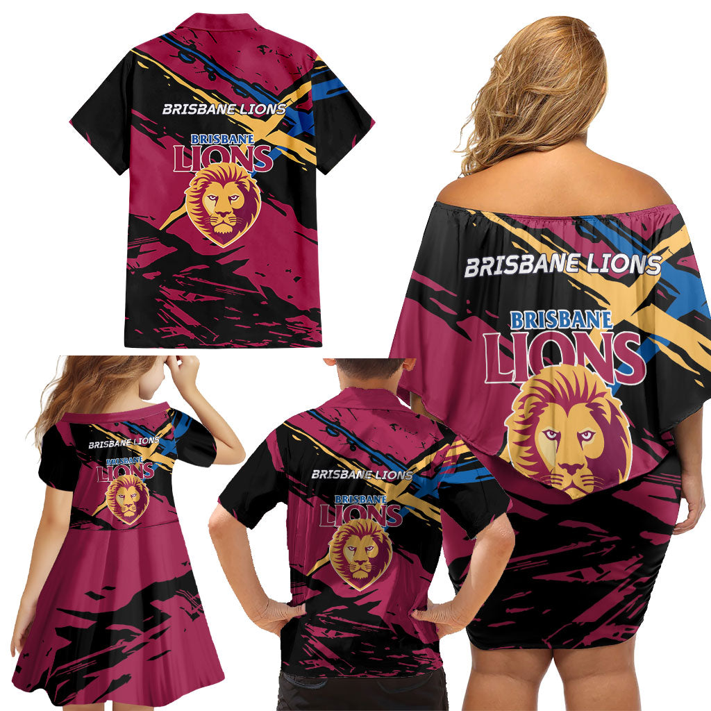 Brisbane Lions Family Matching Off Shoulder Short Dress and Hawaiian Shirt Lions Muscular Mascot Graphic - Abstract Paint Splatter Art