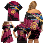 Brisbane Lions Family Matching Off Shoulder Short Dress and Hawaiian Shirt Lions Muscular Mascot Graphic - Abstract Paint Splatter Art