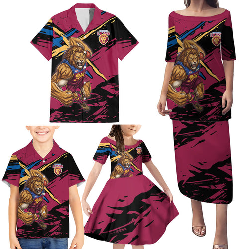 Brisbane Lions Family Matching Puletasi and Hawaiian Shirt Lions Muscular Mascot Graphic - Abstract Paint Splatter Art