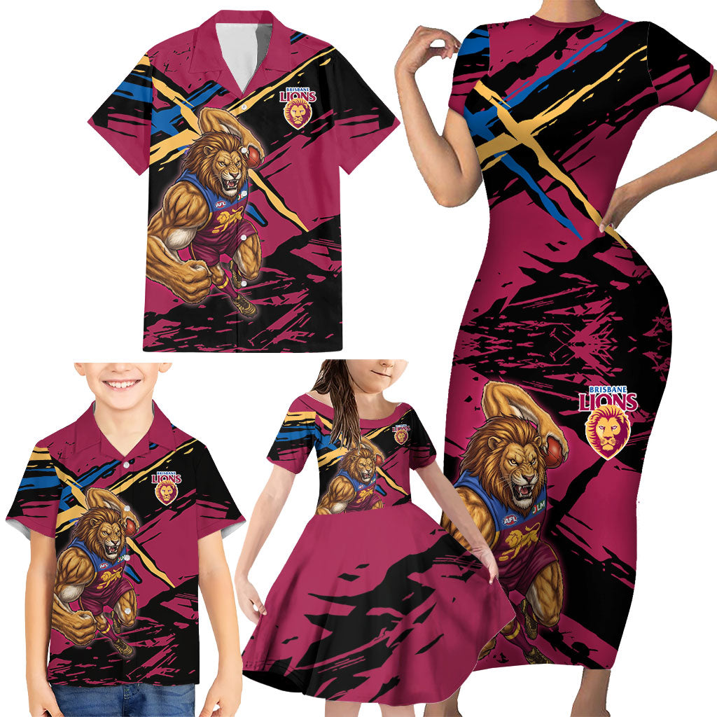 Brisbane Lions Family Matching Short Sleeve Bodycon Dress and Hawaiian Shirt Lions Muscular Mascot Graphic - Abstract Paint Splatter Art