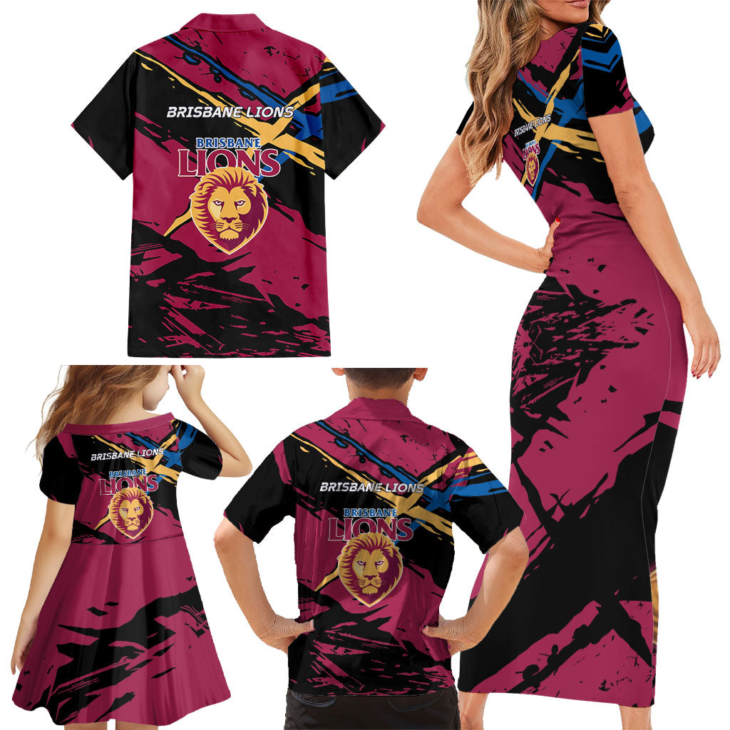 Brisbane Lions Family Matching Short Sleeve Bodycon Dress and Hawaiian Shirt Lions Muscular Mascot Graphic - Abstract Paint Splatter Art