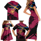 Brisbane Lions Family Matching Short Sleeve Bodycon Dress and Hawaiian Shirt Lions Muscular Mascot Graphic - Abstract Paint Splatter Art