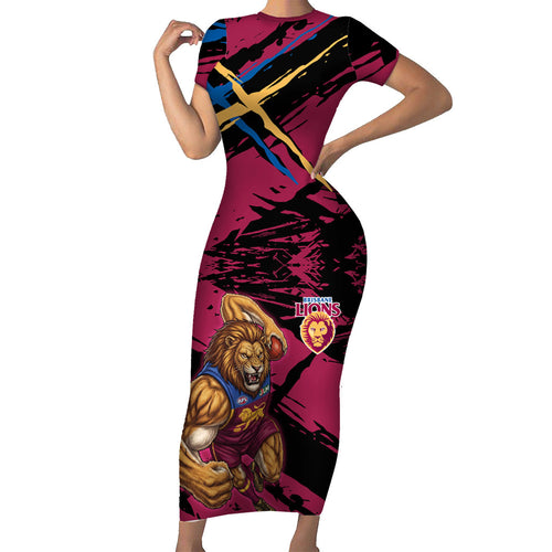 Brisbane Lions Family Matching Short Sleeve Bodycon Dress and Hawaiian Shirt Lions Muscular Mascot Graphic - Abstract Paint Splatter Art