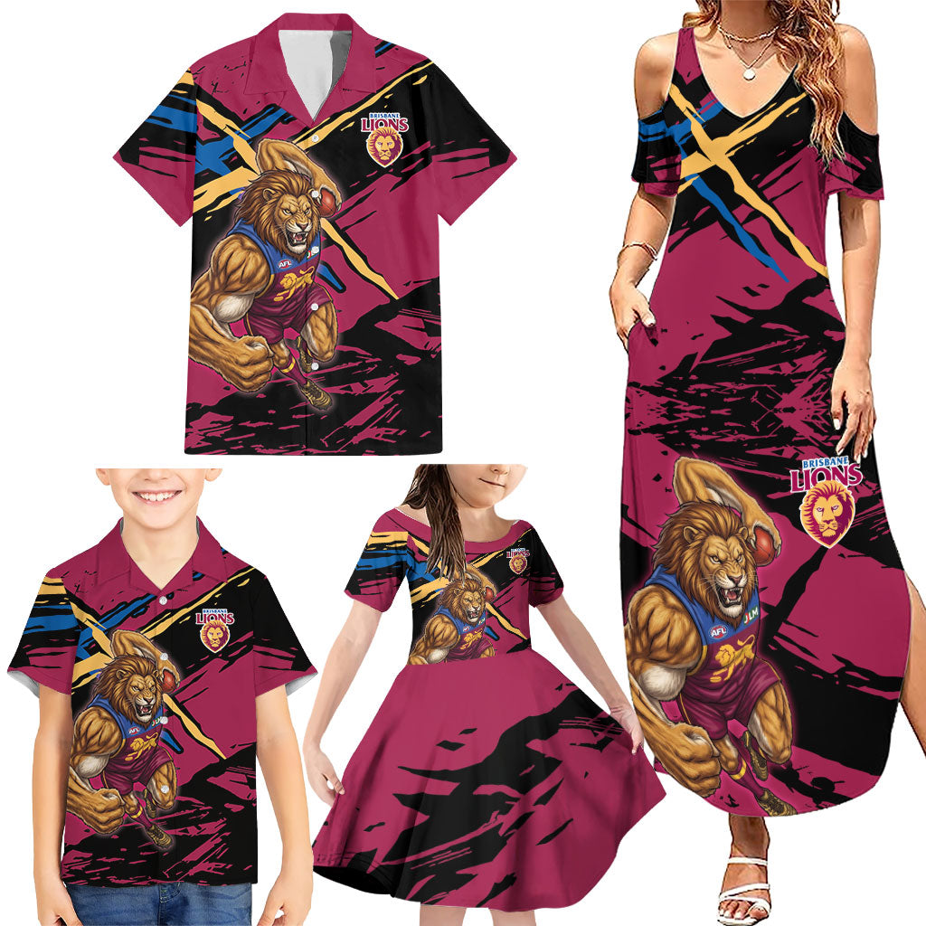 Brisbane Lions Family Matching Summer Maxi Dress and Hawaiian Shirt Lions Muscular Mascot Graphic - Abstract Paint Splatter Art