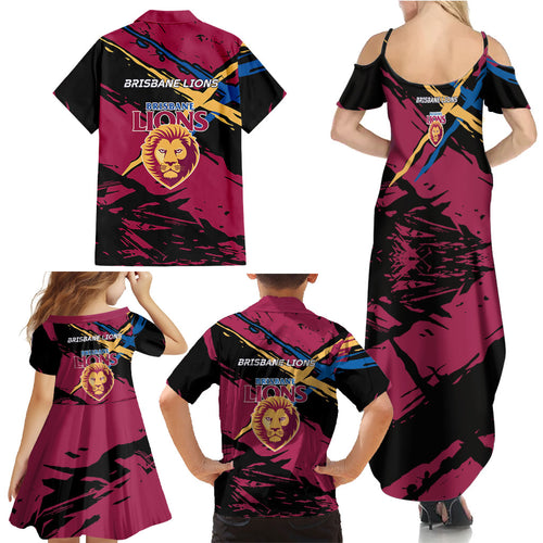 Brisbane Lions Family Matching Summer Maxi Dress and Hawaiian Shirt Lions Muscular Mascot Graphic - Abstract Paint Splatter Art