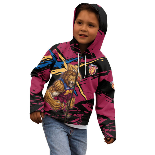 Brisbane Lions Kid Hoodie Lions Muscular Mascot Graphic - Abstract Paint Splatter Art