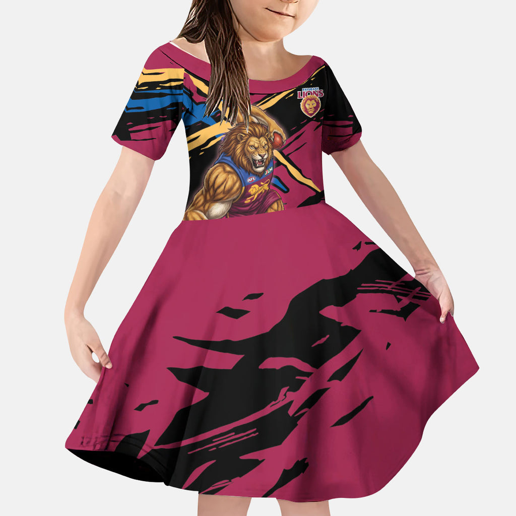 Brisbane Lions Kid Short Sleeve Dress Lions Muscular Mascot Graphic - Abstract Paint Splatter Art