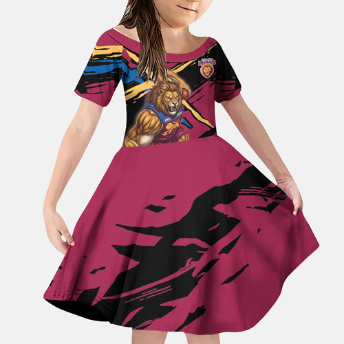 Brisbane Lions Kid Short Sleeve Dress Lions Muscular Mascot Graphic - Abstract Paint Splatter Art