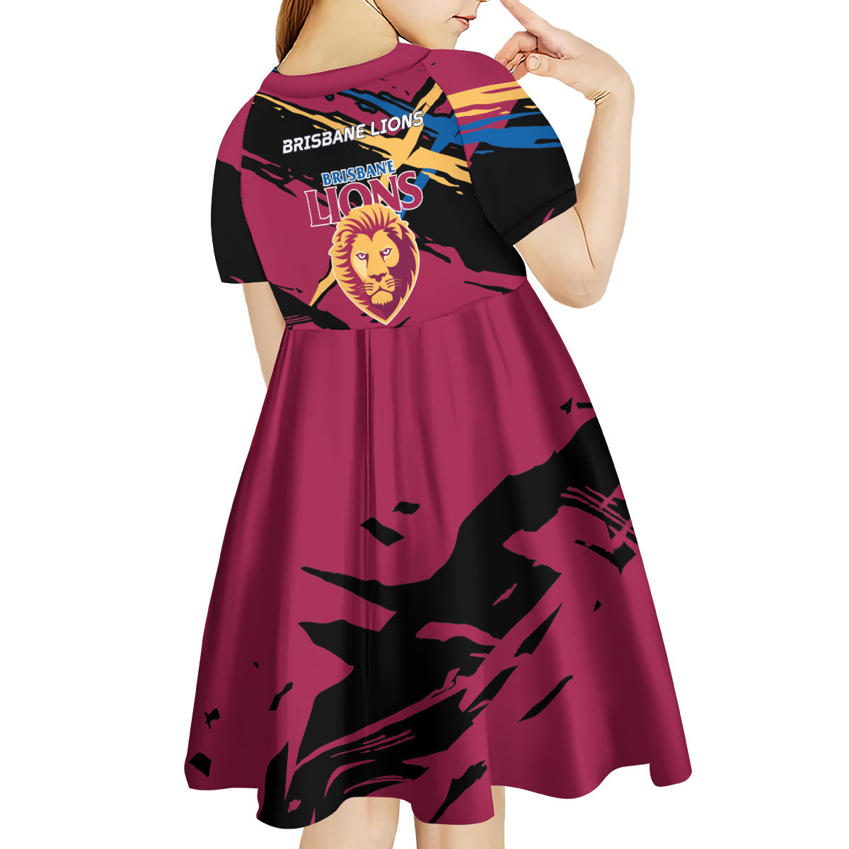 Brisbane Lions Kid Short Sleeve Dress Lions Muscular Mascot Graphic - Abstract Paint Splatter Art