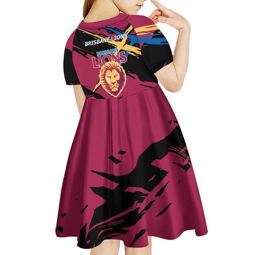 Brisbane Lions Kid Short Sleeve Dress Lions Muscular Mascot Graphic - Abstract Paint Splatter Art