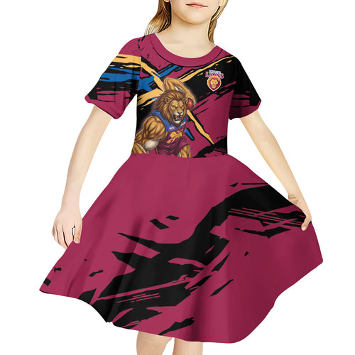 Brisbane Lions Kid Short Sleeve Dress Lions Muscular Mascot Graphic - Abstract Paint Splatter Art