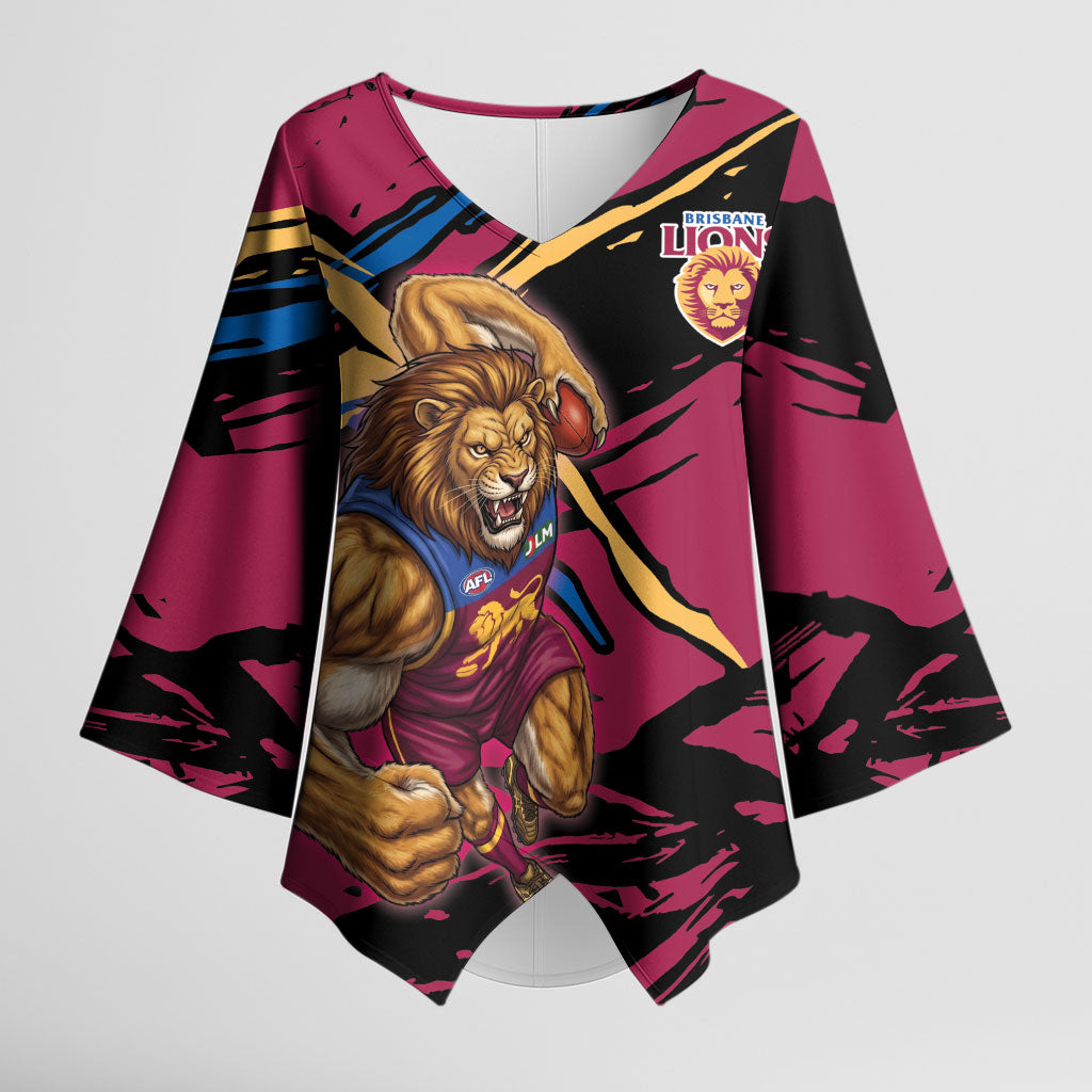 Brisbane Lions Kimono Sleeve Blouse Lions Muscular Mascot Graphic - Abstract Paint Splatter Art
