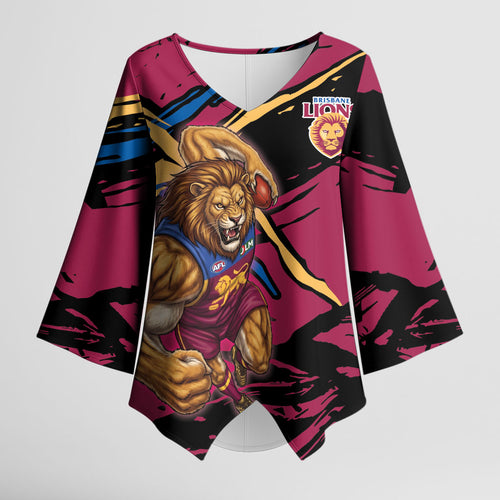 Brisbane Lions Kimono Sleeve Blouse Lions Muscular Mascot Graphic - Abstract Paint Splatter Art