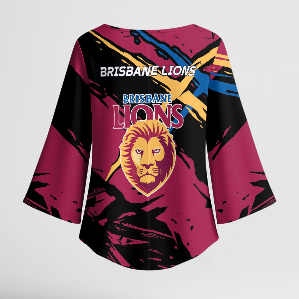 Brisbane Lions Kimono Sleeve Blouse Lions Muscular Mascot Graphic - Abstract Paint Splatter Art