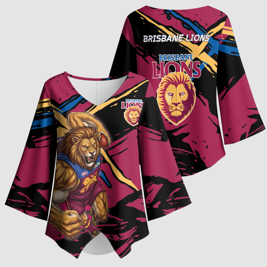 Brisbane Lions Kimono Sleeve Blouse Lions Muscular Mascot Graphic - Abstract Paint Splatter Art