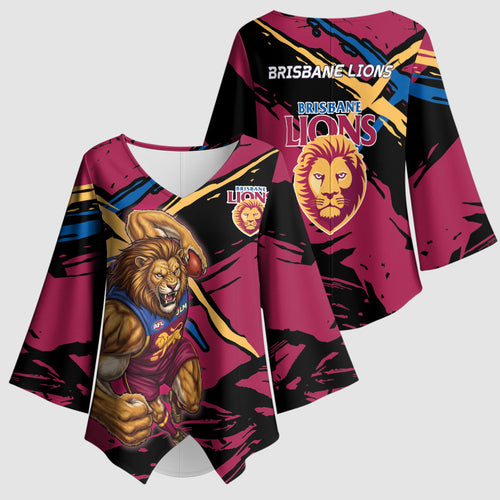 Brisbane Lions Kimono Sleeve Blouse Lions Muscular Mascot Graphic - Abstract Paint Splatter Art
