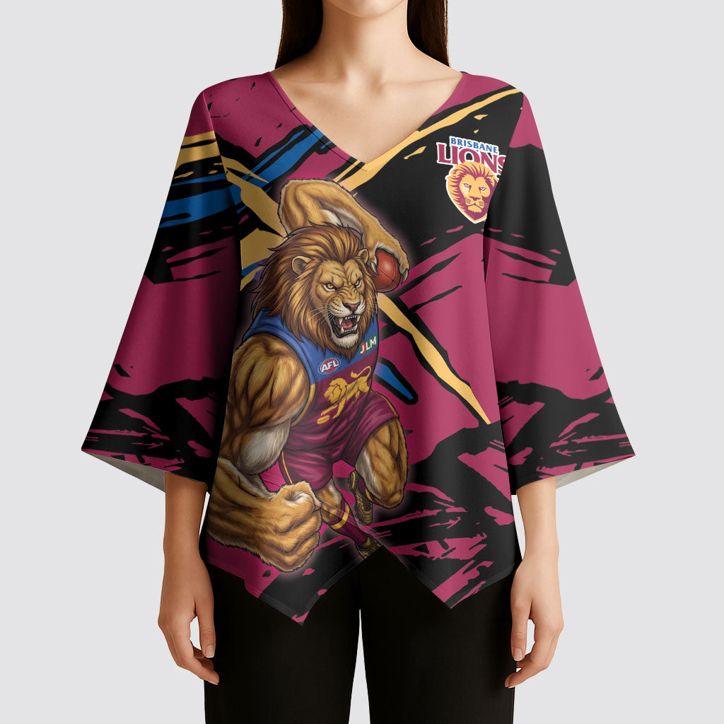 Brisbane Lions Kimono Sleeve Blouse Lions Muscular Mascot Graphic - Abstract Paint Splatter Art
