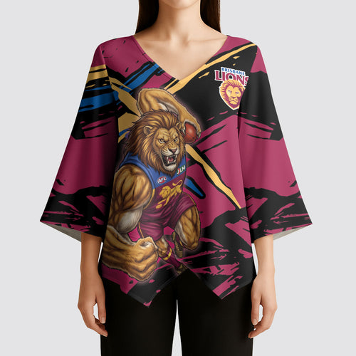 Brisbane Lions Kimono Sleeve Blouse Lions Muscular Mascot Graphic - Abstract Paint Splatter Art
