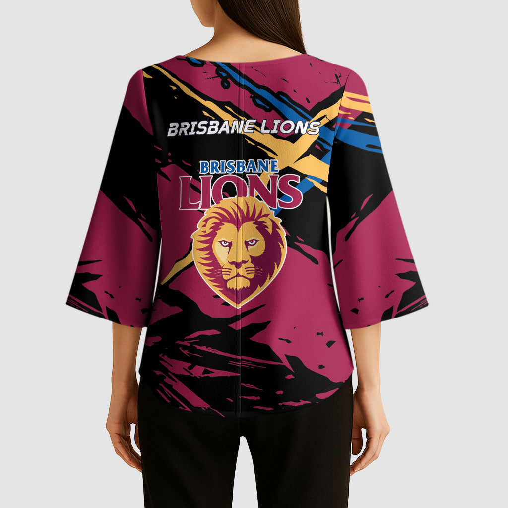 Brisbane Lions Kimono Sleeve Blouse Lions Muscular Mascot Graphic - Abstract Paint Splatter Art