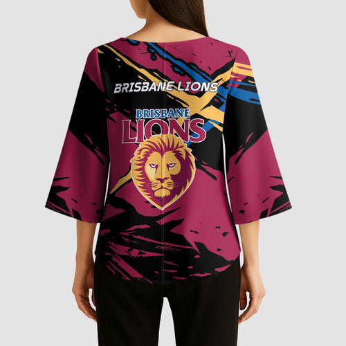 Brisbane Lions Kimono Sleeve Blouse Lions Muscular Mascot Graphic - Abstract Paint Splatter Art