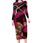 Brisbane Lions Long Sleeve Bodycon Dress Lions Muscular Mascot Graphic - Abstract Paint Splatter Art