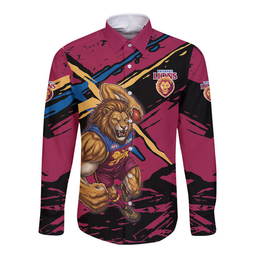 Brisbane Lions Long Sleeve Button Shirt Lions Muscular Mascot Graphic - Abstract Paint Splatter Art