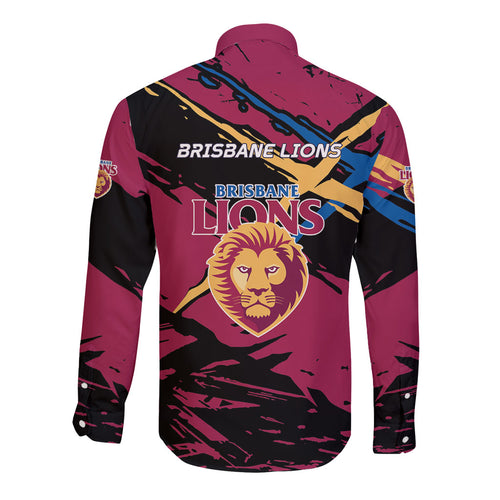 Brisbane Lions Long Sleeve Button Shirt Lions Muscular Mascot Graphic - Abstract Paint Splatter Art
