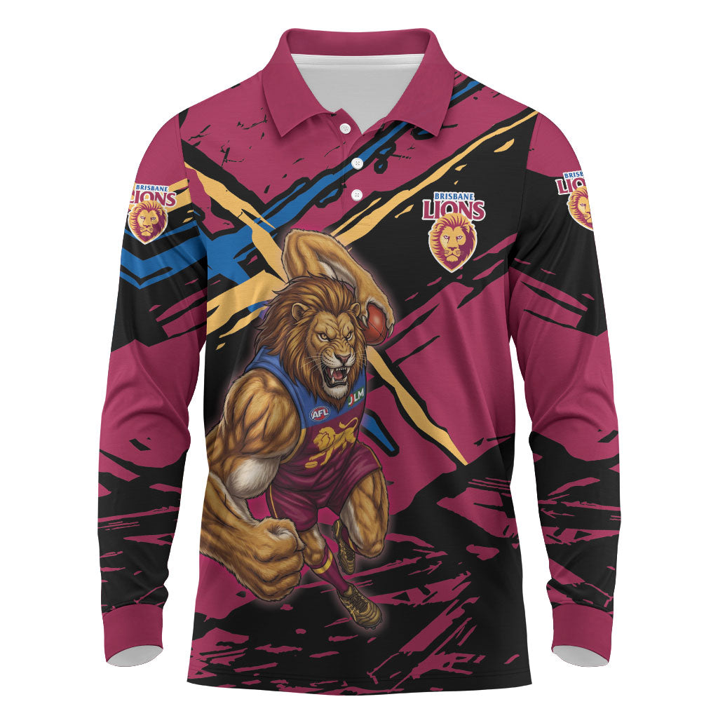 Brisbane Lions Long Sleeve Polo Shirt Lions Muscular Mascot Graphic - Abstract Paint Splatter Art