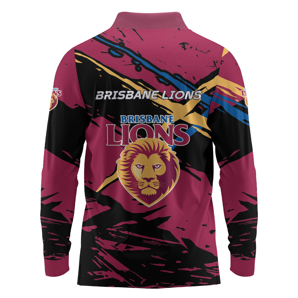 Brisbane Lions Long Sleeve Polo Shirt Lions Muscular Mascot Graphic - Abstract Paint Splatter Art