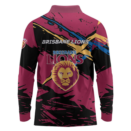 Brisbane Lions Long Sleeve Polo Shirt Lions Muscular Mascot Graphic - Abstract Paint Splatter Art