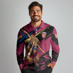 Brisbane Lions Long Sleeve Polo Shirt Lions Muscular Mascot Graphic - Abstract Paint Splatter Art