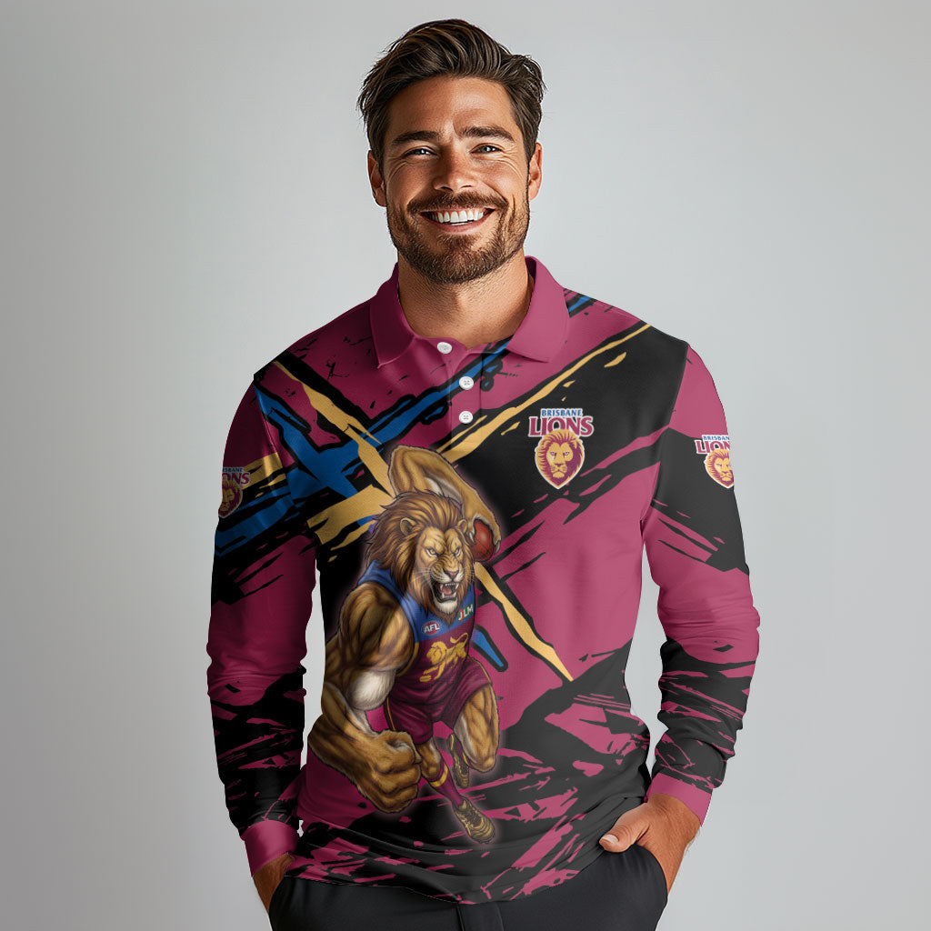 Brisbane Lions Long Sleeve Polo Shirt Lions Muscular Mascot Graphic - Abstract Paint Splatter Art