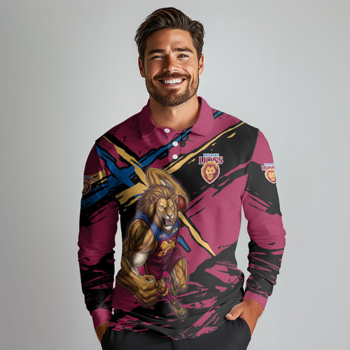 Brisbane Lions Long Sleeve Polo Shirt Lions Muscular Mascot Graphic - Abstract Paint Splatter Art
