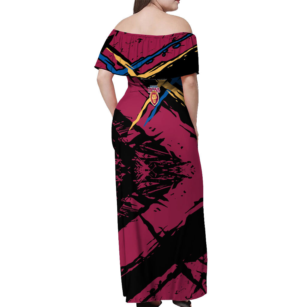 Brisbane Lions Off Shoulder Maxi Dress Lions Muscular Mascot Graphic - Abstract Paint Splatter Art