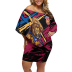 Brisbane Lions Off Shoulder Short Dress Lions Muscular Mascot Graphic - Abstract Paint Splatter Art