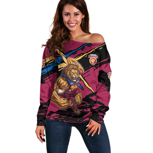 Brisbane Lions Off Shoulder Sweater Lions Muscular Mascot Graphic - Abstract Paint Splatter Art