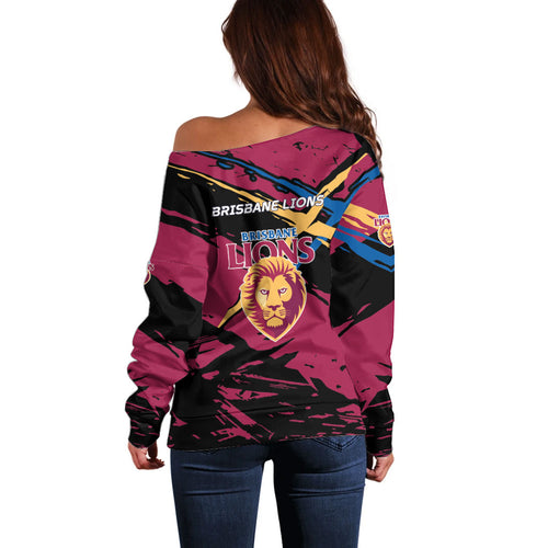 Brisbane Lions Off Shoulder Sweater Lions Muscular Mascot Graphic - Abstract Paint Splatter Art