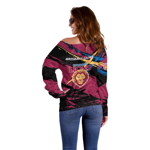 Brisbane Lions Off Shoulder Sweater Lions Muscular Mascot Graphic - Abstract Paint Splatter Art