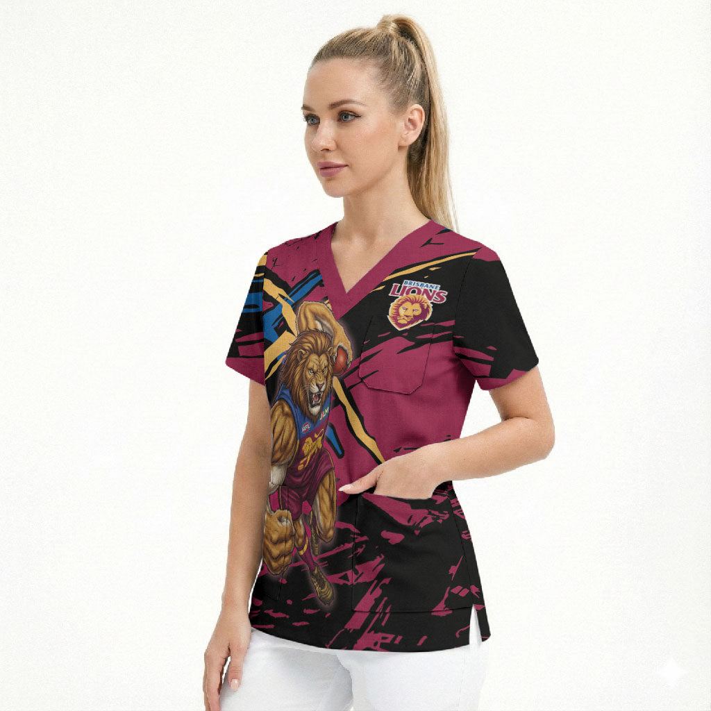 Brisbane Lions Scrub Top Lions Muscular Mascot Graphic - Abstract Paint Splatter Art