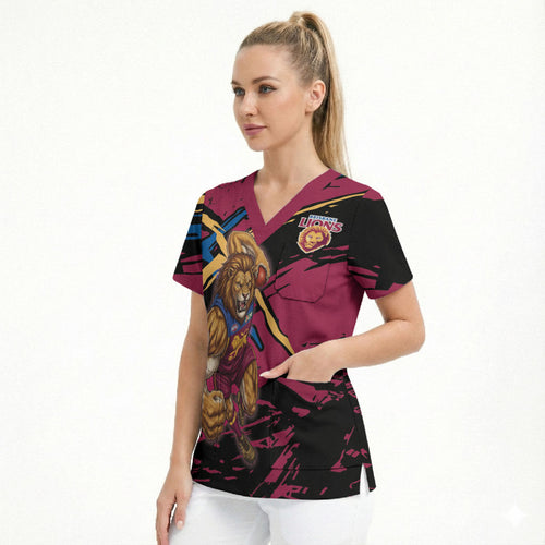 Brisbane Lions Scrub Top Lions Muscular Mascot Graphic - Abstract Paint Splatter Art