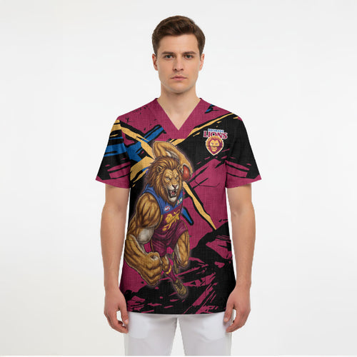 Brisbane Lions Scrub Top Lions Muscular Mascot Graphic - Abstract Paint Splatter Art