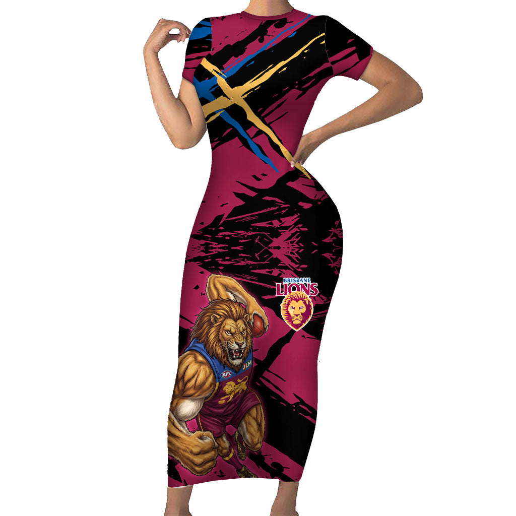 Brisbane Lions Short Sleeve Bodycon Dress Lions Muscular Mascot Graphic - Abstract Paint Splatter Art