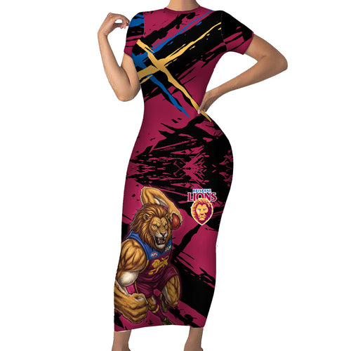 Brisbane Lions Short Sleeve Bodycon Dress Lions Muscular Mascot Graphic - Abstract Paint Splatter Art