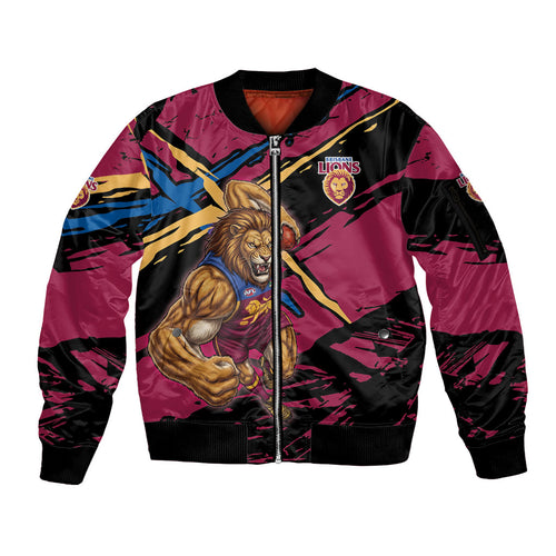 Brisbane Lions Sleeve Zip Bomber Jacket Lions Muscular Mascot Graphic - Abstract Paint Splatter Art