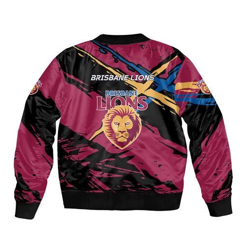 Brisbane Lions Sleeve Zip Bomber Jacket Lions Muscular Mascot Graphic - Abstract Paint Splatter Art
