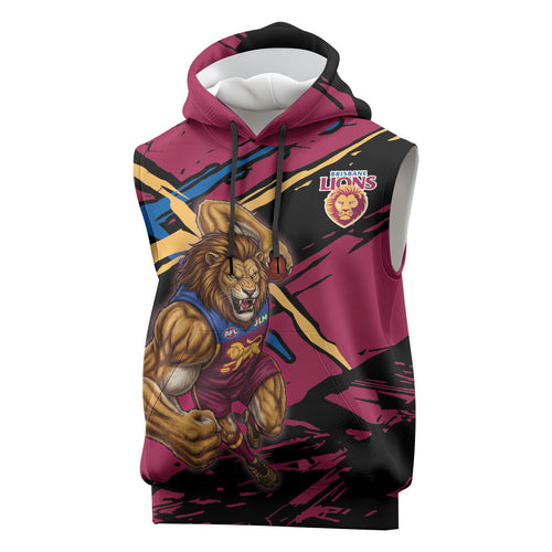 Brisbane Lions Sleeveless Hoodie Lions Muscular Mascot Graphic - Abstract Paint Splatter Art