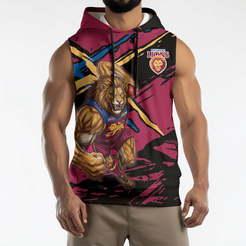 Brisbane Lions Sleeveless Hoodie Lions Muscular Mascot Graphic - Abstract Paint Splatter Art